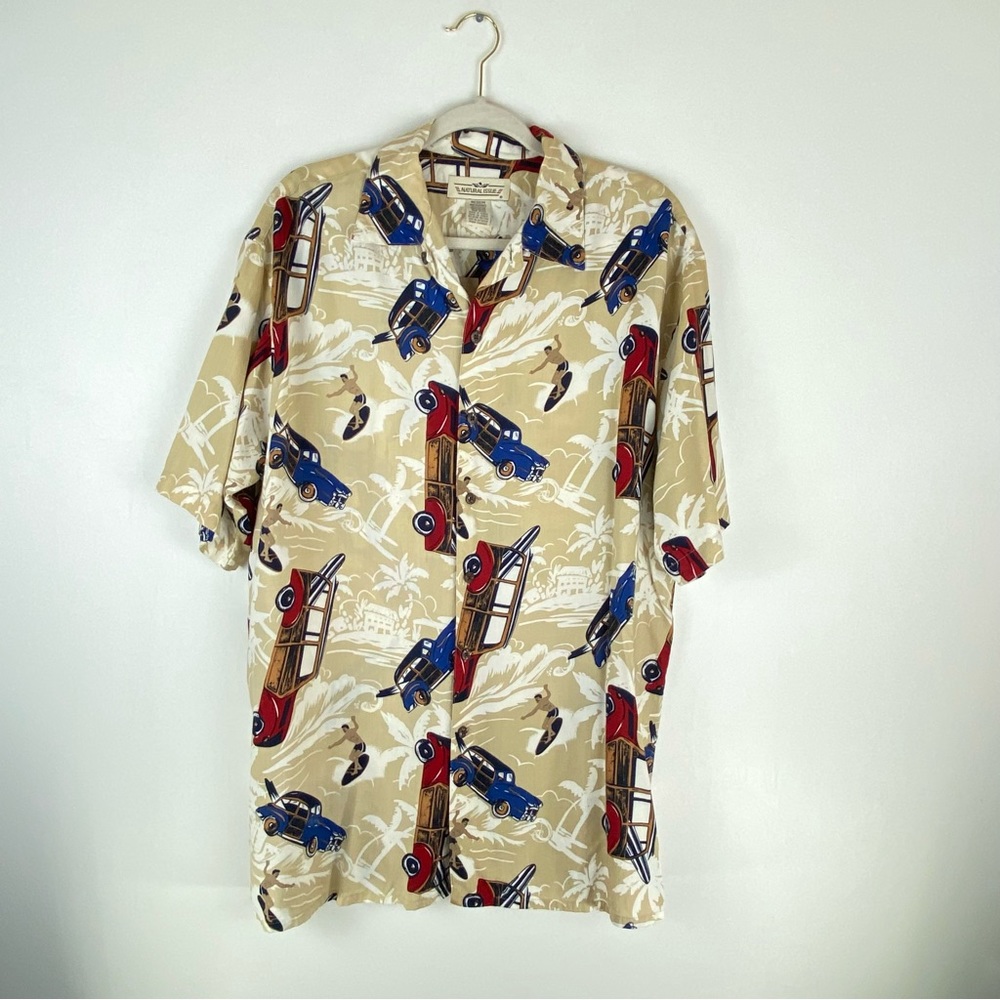 Natural Issue Mens Medium Hawaiian Button Shirt Classic Old Cars Surfer Beige.